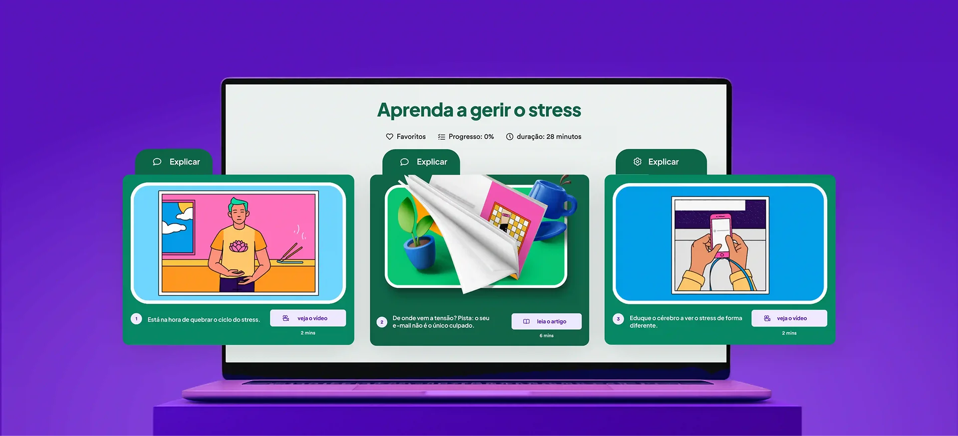 Portátil aberto a mostrar a lição GoodHabitz 'Balance Your Stress Level', com cartões ilustrados para explicar o stress, gerir os fatores de stress e realizar experiências práticas, sobre um fundo roxo.