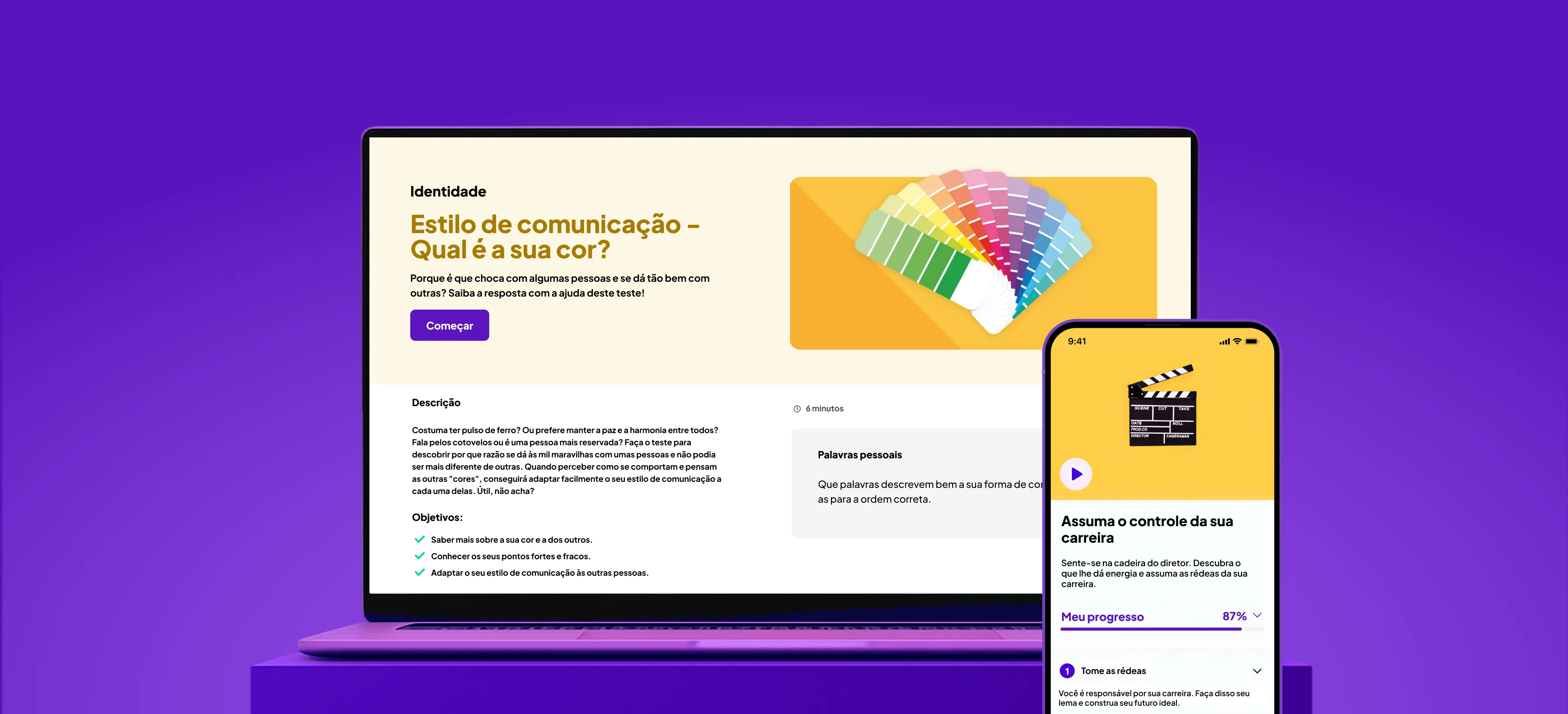 Portátil e smartphone a mostrar cursos e módulos de formação da GoodHabitz, incluindo 'Communication Style: What’s your colour?' e 'Direct Your Career', ambos sobre um fundo roxo.