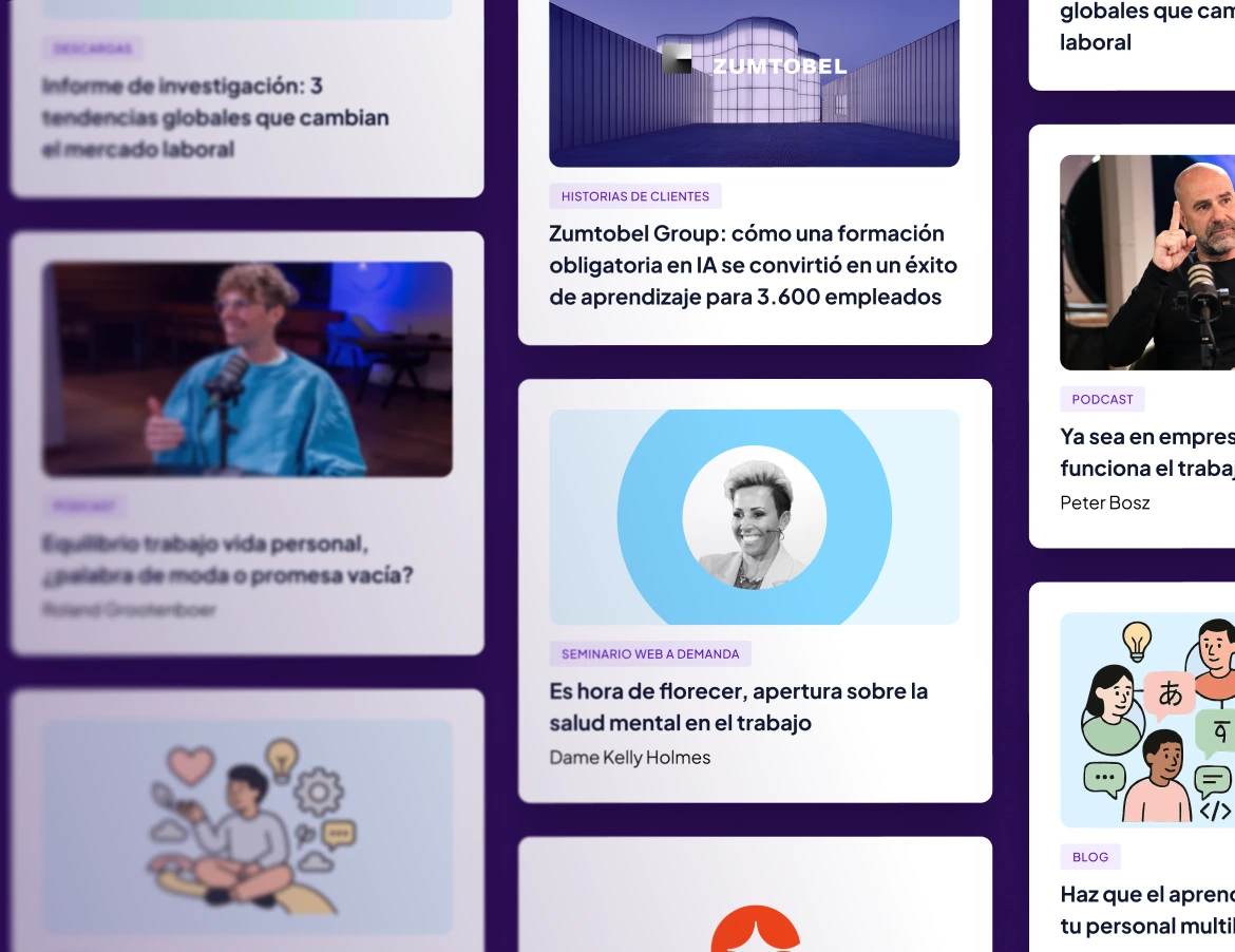 Collage de mosaicos de recursos de GoodHabitz y artículos de noticias, con entrevistas, pódcasts, seminarios web y casos de estudio, con una mezcla de rostros desenfocados y nítidos, sobre un fondo morado.