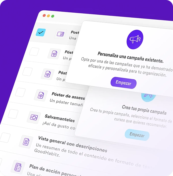 Pantalla de la interfaz de usuario que muestra las opciones de la campaña con un mensaje superpuesto para personalizar una campaña existente o crear una nueva en español.