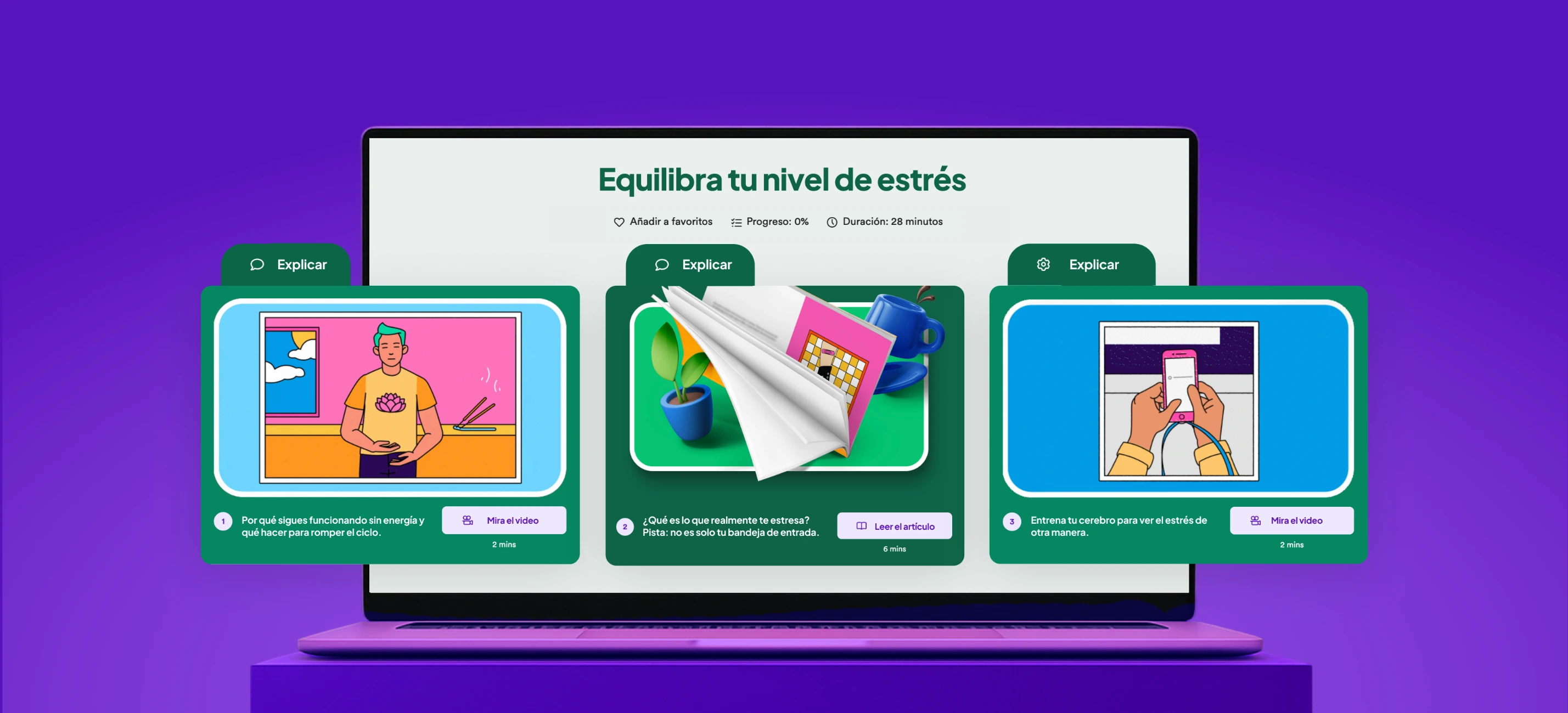 Portátil abierto que muestra la lección de GoodHabitz 'Balance Your Stress Level', con tarjetas ilustradas para explicar el estrés, gestionar los estresores y realizar experimentos prácticos, sobre un fondo morado.