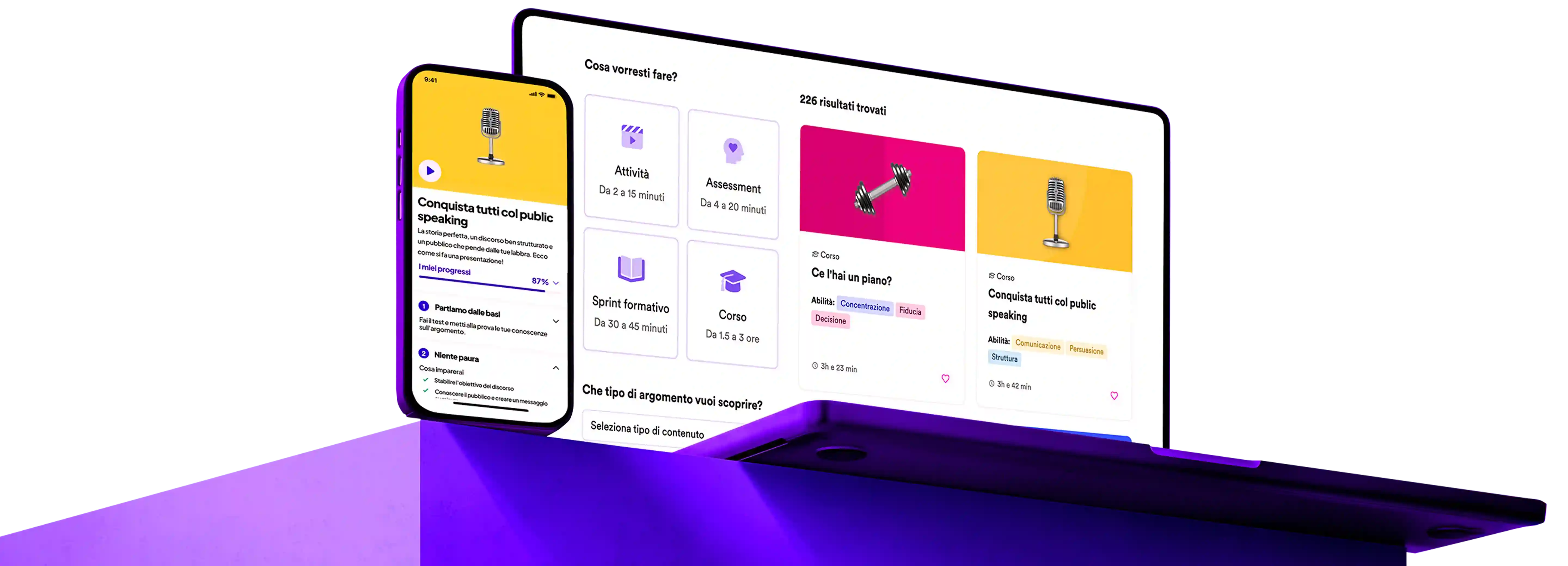 Schermo dello smartphone e del laptop che mostra una piattaforma di apprendimento online con corsi di parlare in pubblico e pianificazione, con icone colorate e barre di avanzamento.