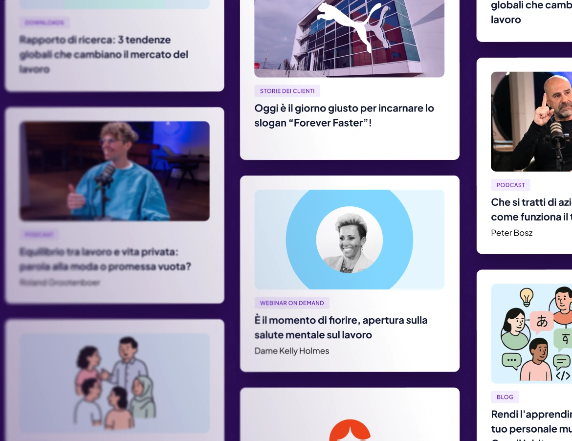 Collage di riquadri di risorse GoodHabitz e articoli di notizie, con interviste, podcast, webinar e casi studio, con un mix di volti sfocati e nitidi, su uno sfondo viola.