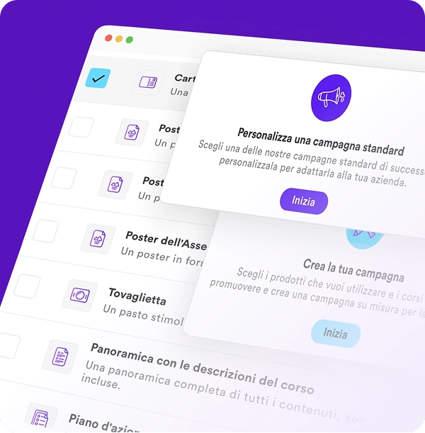 Screenshot dell'interfaccia utente che mostra le opzioni per personalizzare una campagna di marketing standard o creare una campagna personalizzata con pulsanti denominati «Inizia».