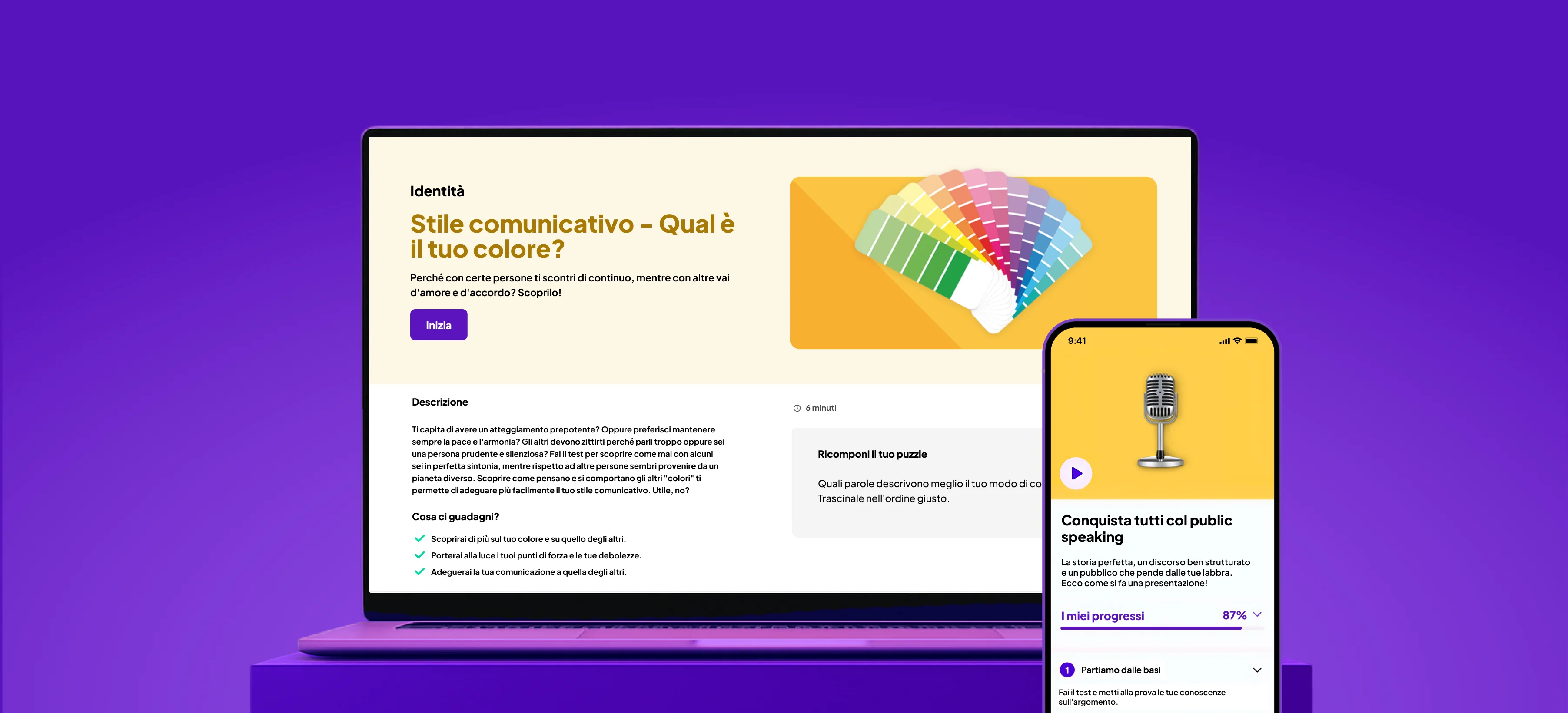 Laptop e smartphone che mostrano corsi e moduli di formazione GoodHabitz, inclusi 'Communication Style: What’s your colour?' e 'Direct Your Career', entrambi su uno sfondo viola.