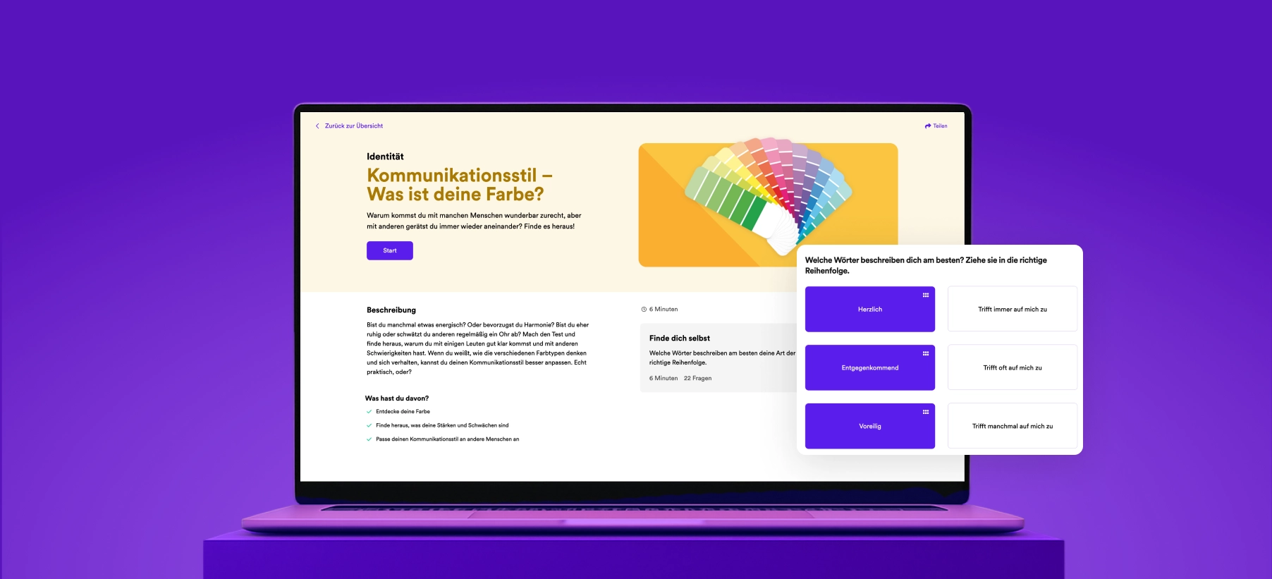 Auf dem Laptop-Bildschirm wird ein Quiz zum Kommunikationsstil mit dem Titel „Was ist Ihre Farbe?“ angezeigt. mit bunten Farbmustern und verschiebbarer Wortwahl auf Deutsch.