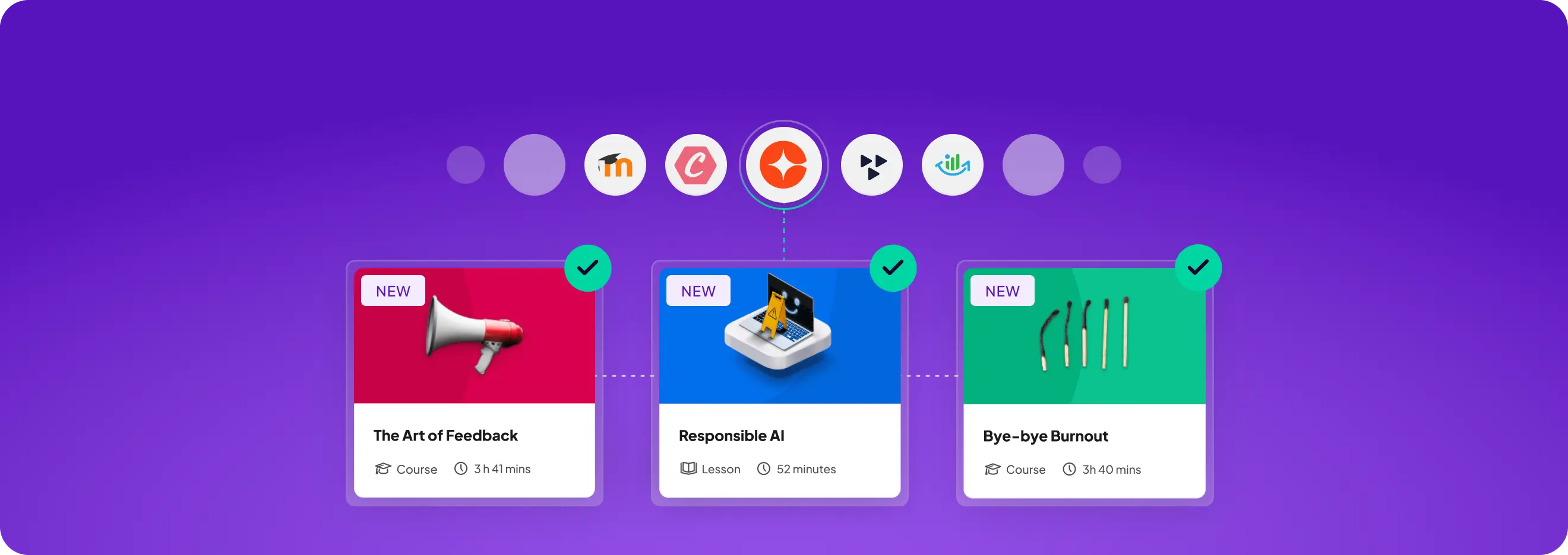 Trois nouveaux modules de formation sont affichés sur fond violet : une illustration de feedback avec une icône en forme de mégaphone, une utilisation responsable de l'IA avec un ordinateur portable et un panneau d'avertissement, et la prévention de l'épuisement professionnel avec des allumettes, tous marqués d'icônes à cocher.