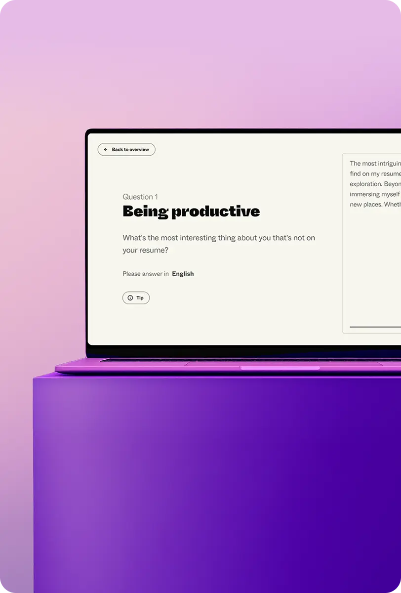 Laptop screen showing a question titled 'Being productive' asking about the most interesting thing not on the resume, with a pink to purple gradient background.