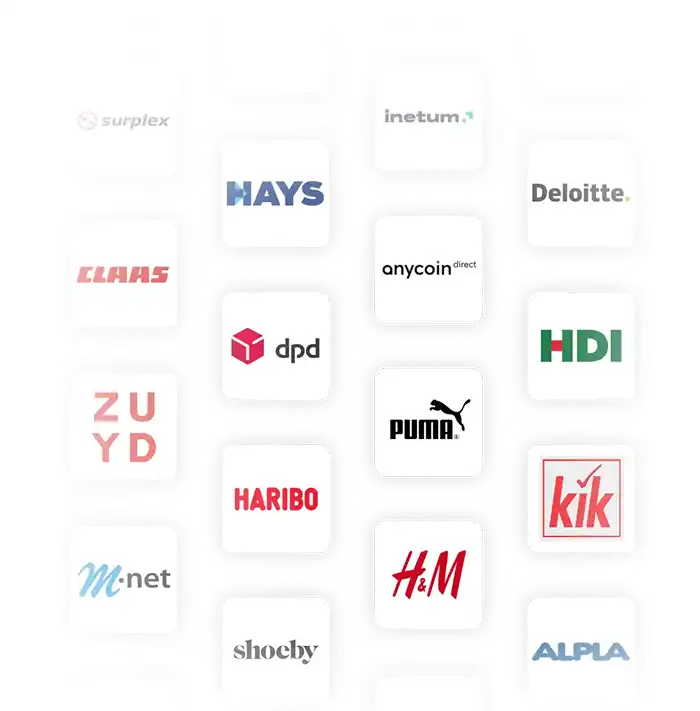 Grid of various company logos including Puma, H&M, Deloitte, HARIBO, anycoin direct, dpd, HAYS, HDI, Claas, kik, ZUYD, inetum, surplex, m.net, shoeby, and ALPLA.