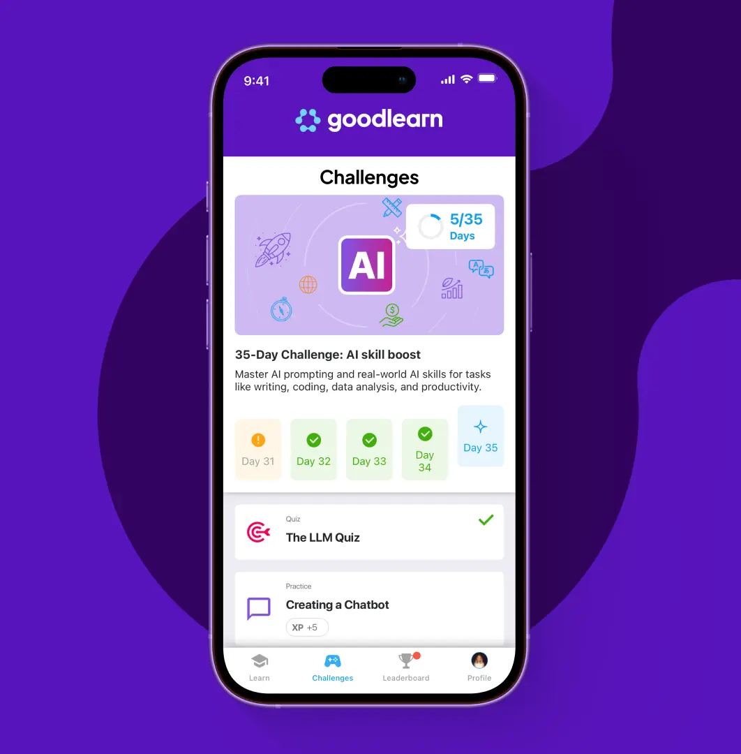 Smartphone screen showing Goodlearn app's AI skill boost 35-day challenge progress, completed quiz, and chatbot practice task.