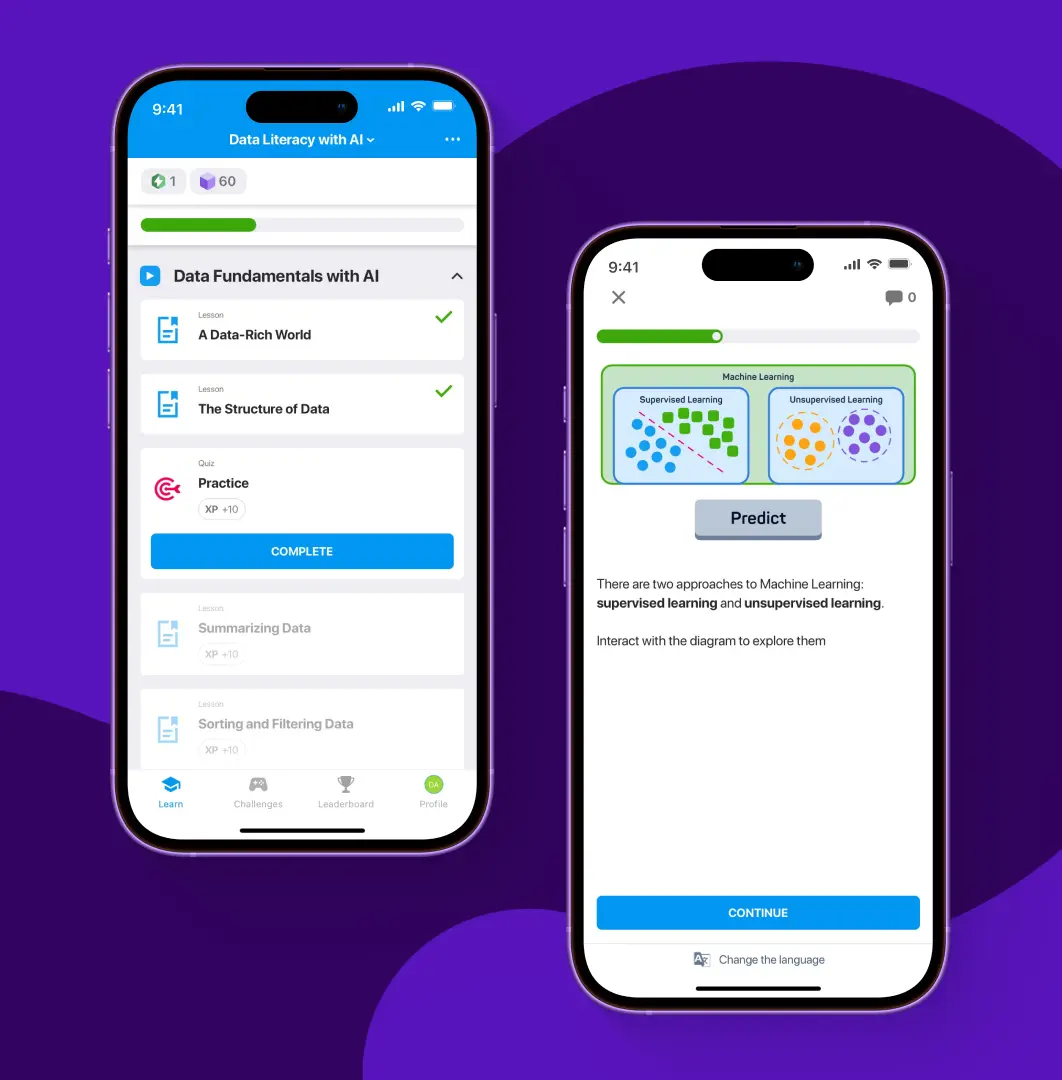 Two smartphones showing an AI data literacy app with lessons and quizzes on machine learning concepts like supervised and unsupervised learning.