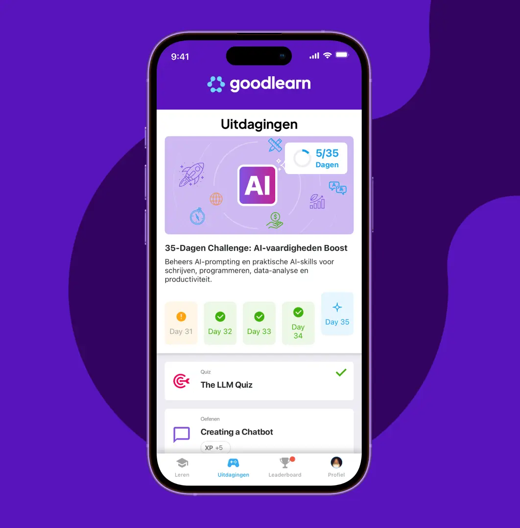 Het scherm van de Goodlearn-app toont een 35-daagse AI-vaardigheidsuitdaging met voortgang gedurende dagen 31 tot 35, een quiz met de titel 'The LLM Quiz' en een oefenactiviteit om een chatbot te maken.