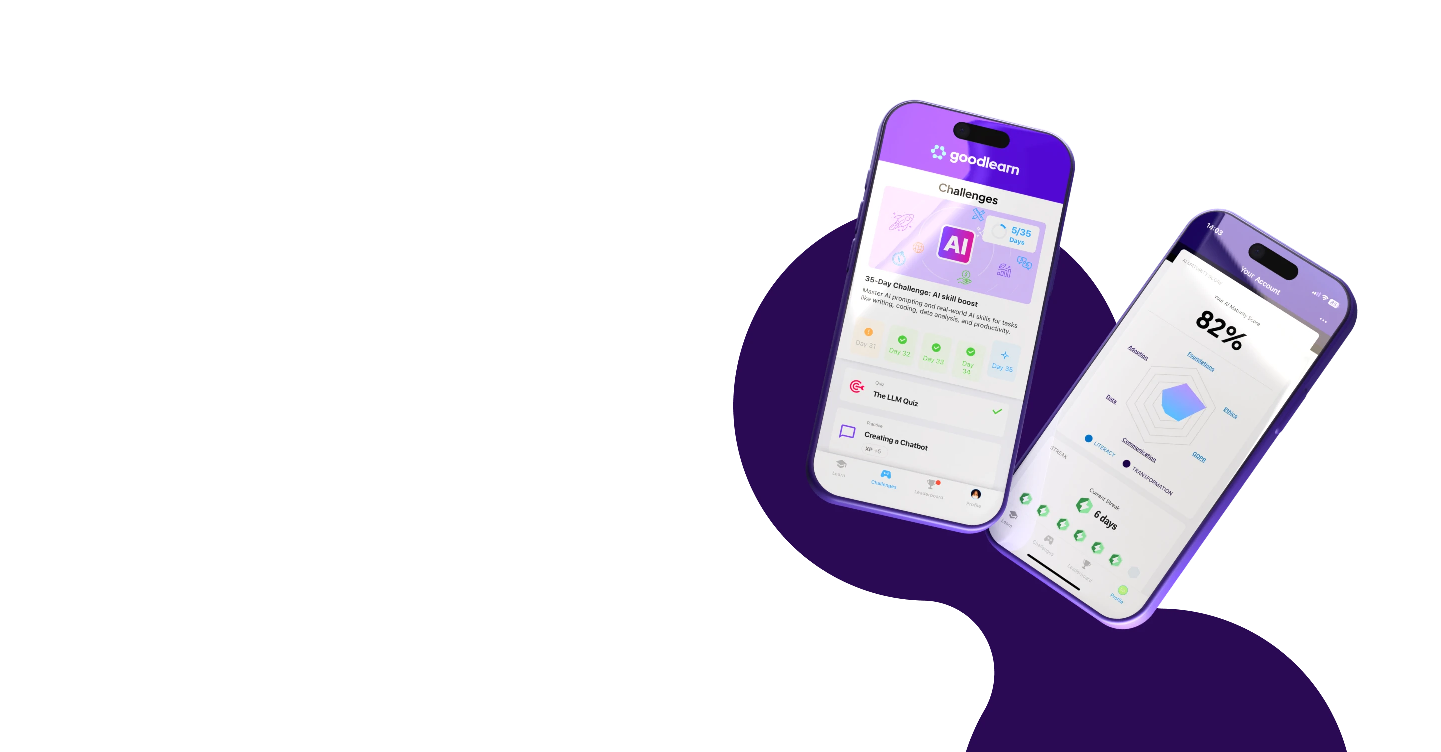 Two smartphones displaying the Goodlearn app with AI skill challenge and AI maturity score of 82%.