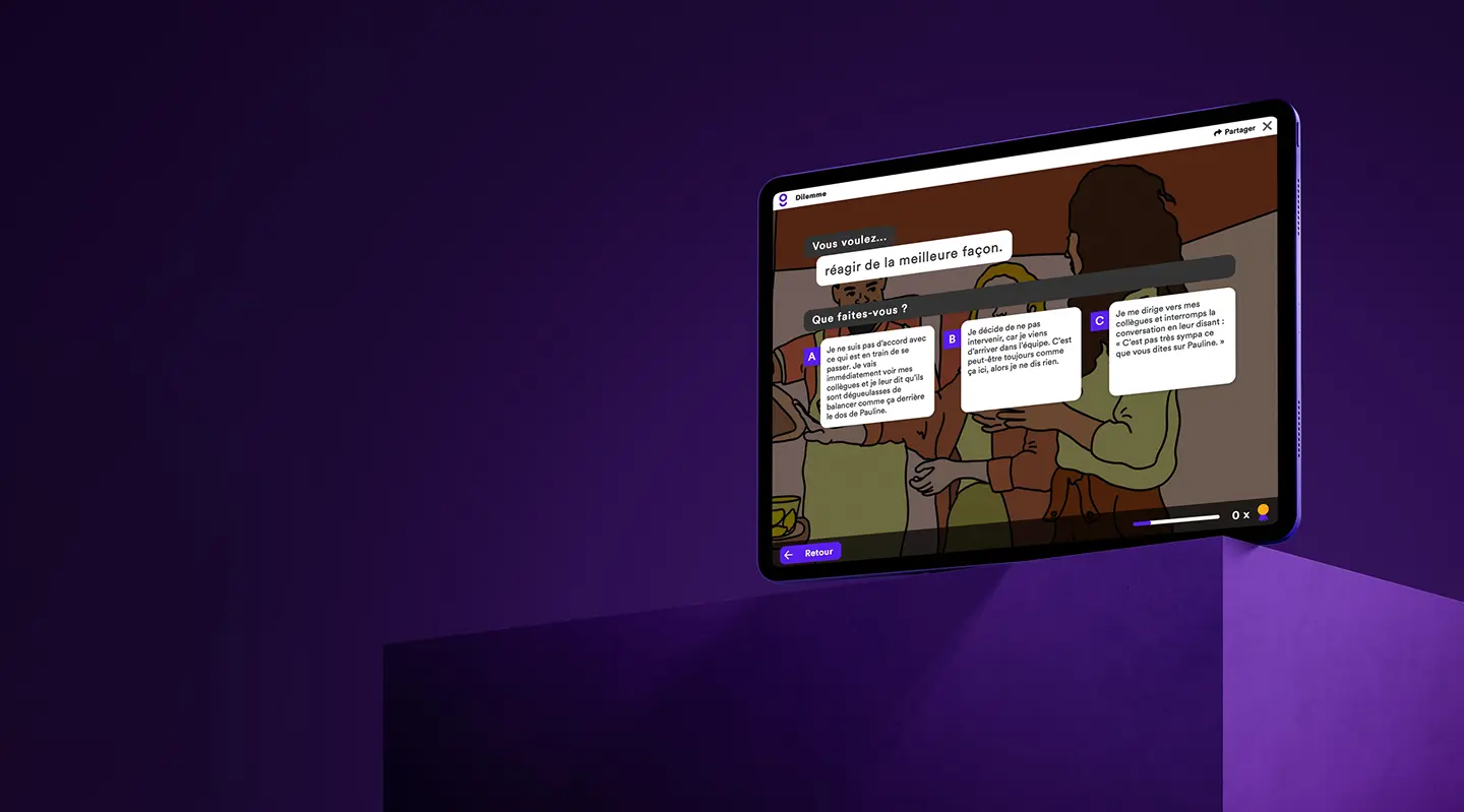 Tablet screen displaying a French language interactive dilemma with three response options shown over illustrated people in the background.