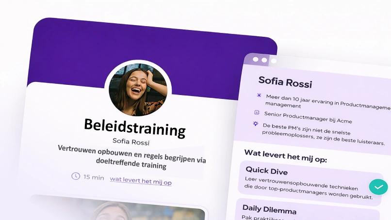 Profile card for Sofia Rossi offering a policy training session focused on building trust and understanding rules, with a 15-minute duration and course highlights including Quick Dive and Daily Dilemma techniques.