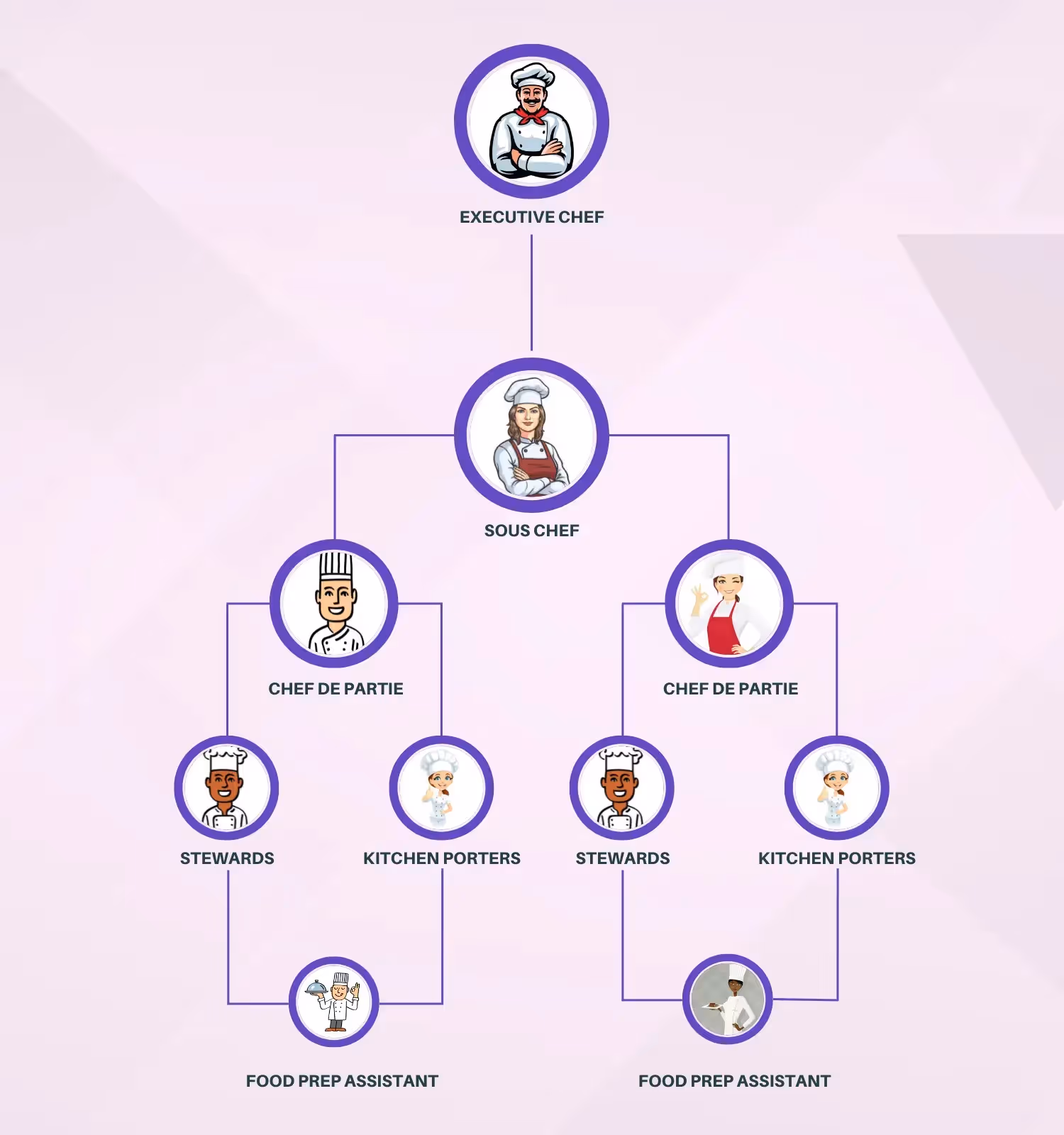 Organigram of a kitchen's organization and structure in a restaurant.
