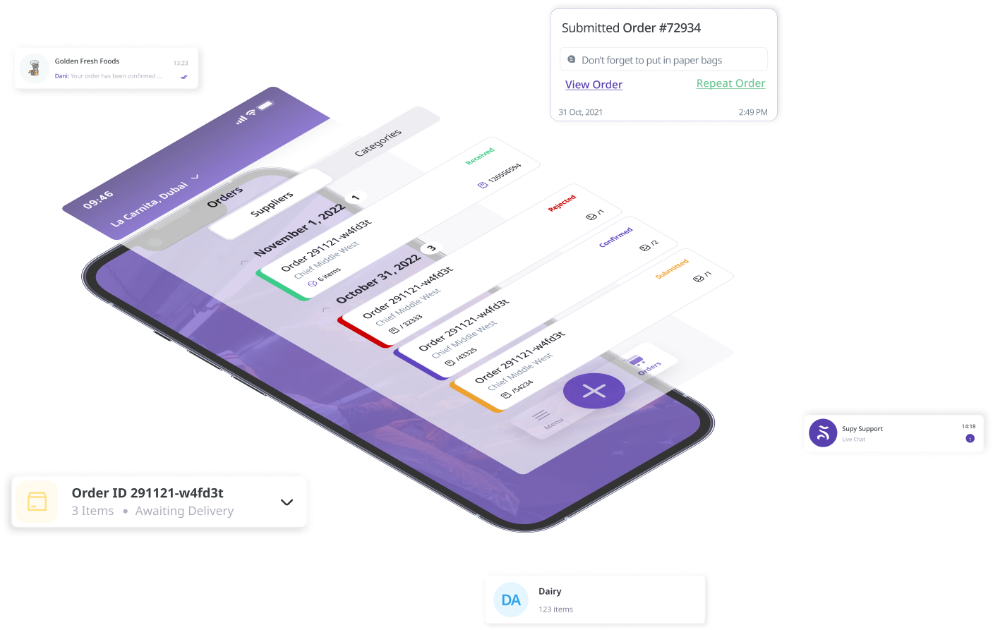 Product shot of Supy's procurement product. Designed for suppliers and purchase orders.