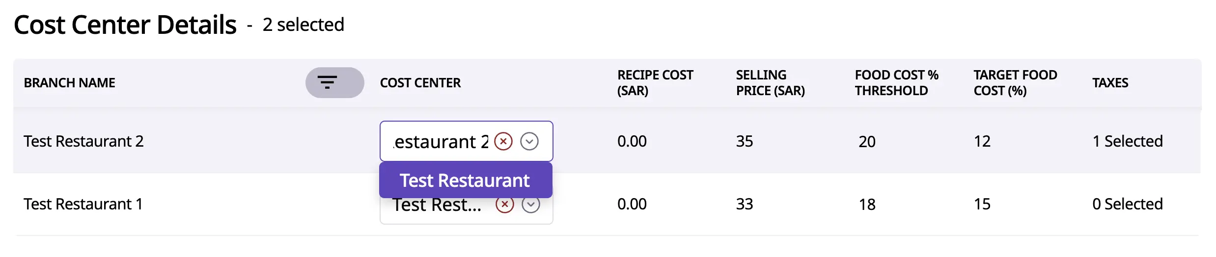 Recipe Management Software, how to select cost centers
