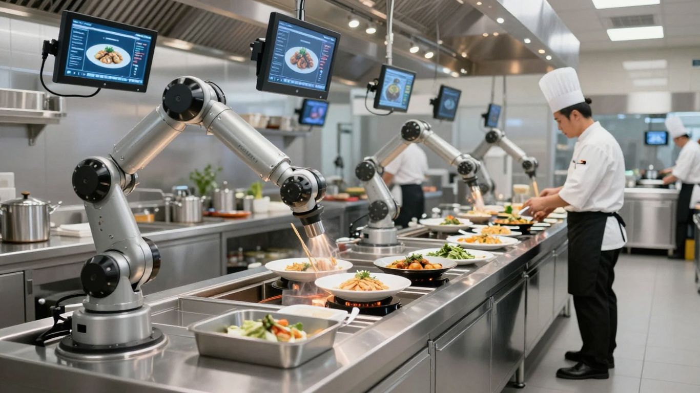 AI enhancing efficiency in a modern restaurant kitchen.