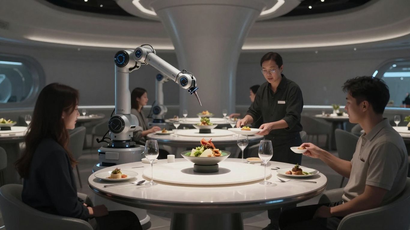 AI robots serving food in a modern restaurant.