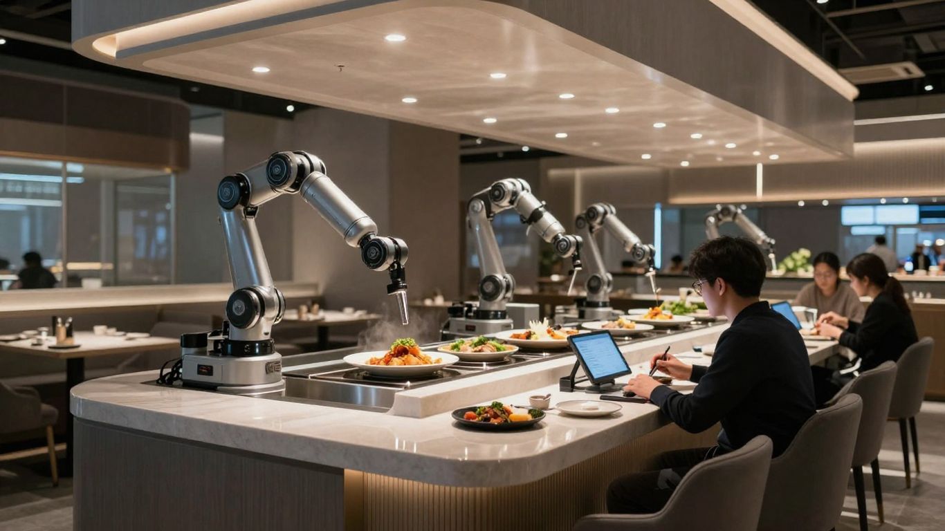 Robots preparing food in a futuristic restaurant setting.