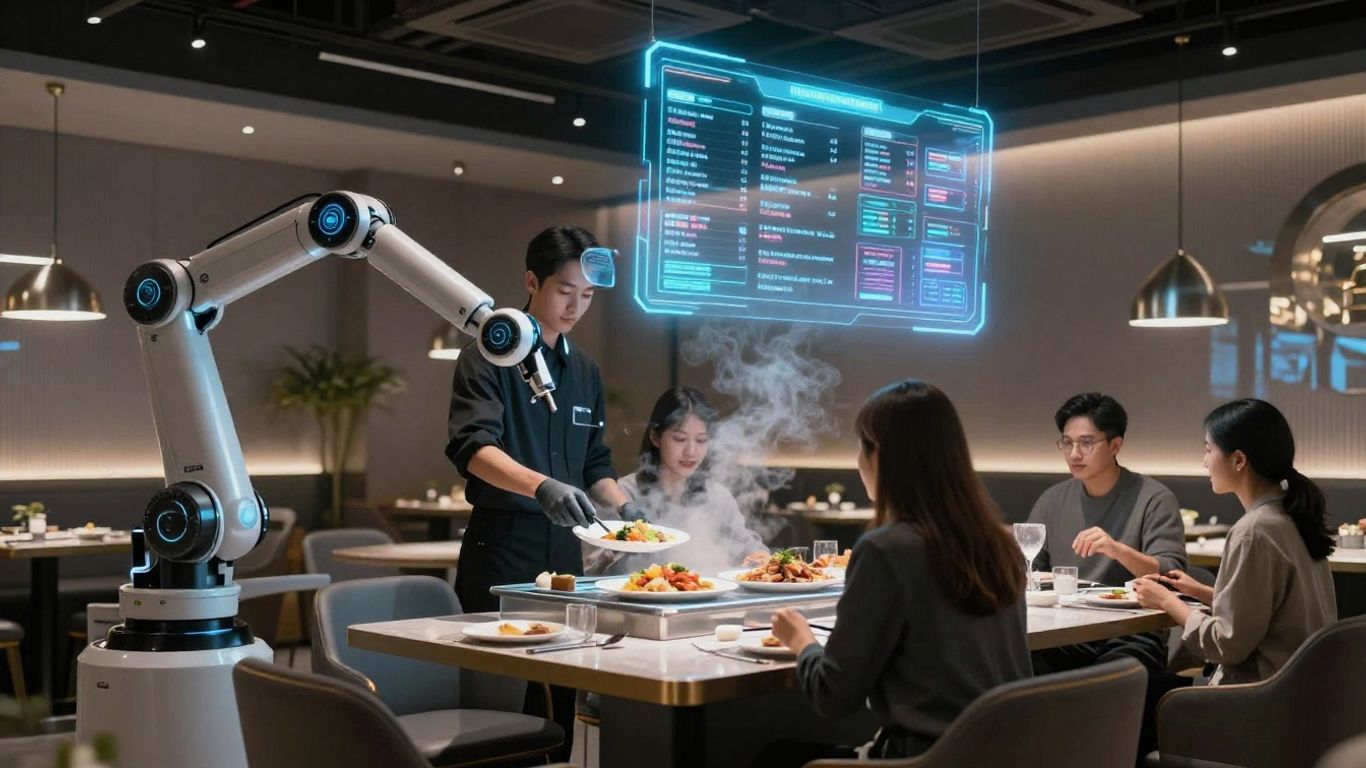 AI robots and holographic menus in a futuristic restaurant.