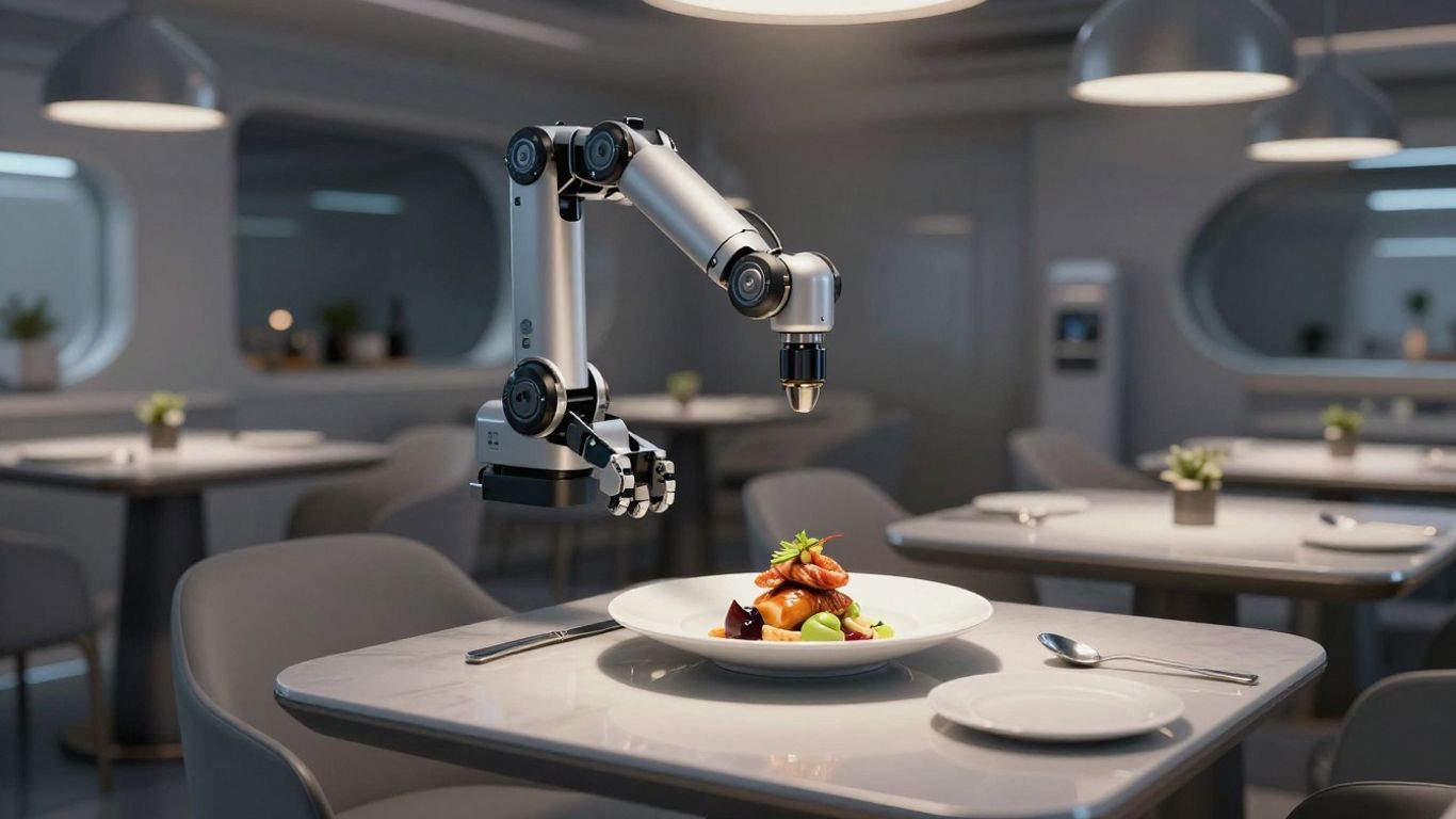 AI robot serving food in a futuristic restaurant.