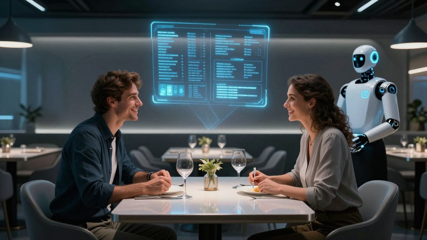 AI robot server interacting with diners in a modern restaurant.