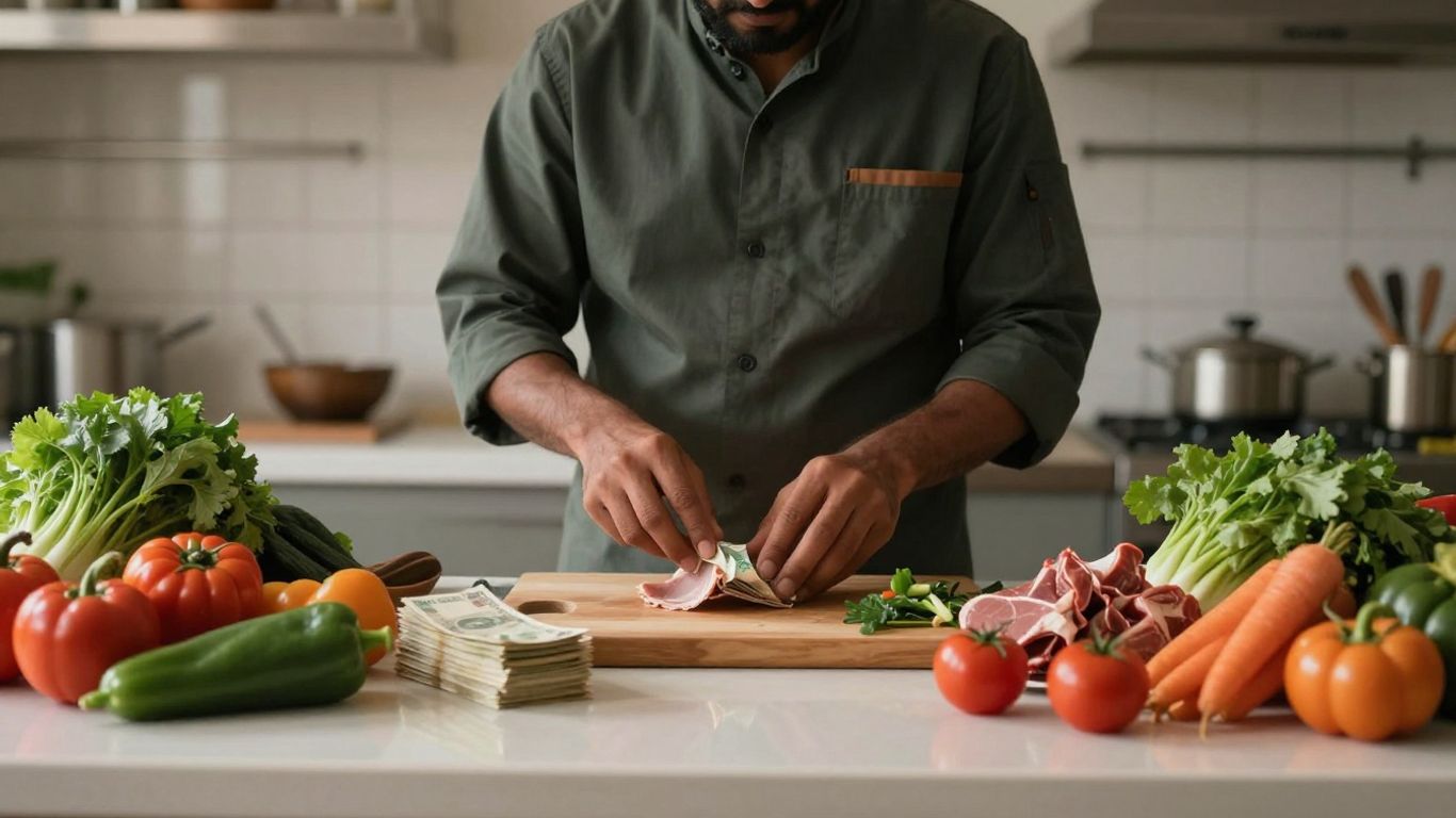 Chef managing food costs with ingredients and money.