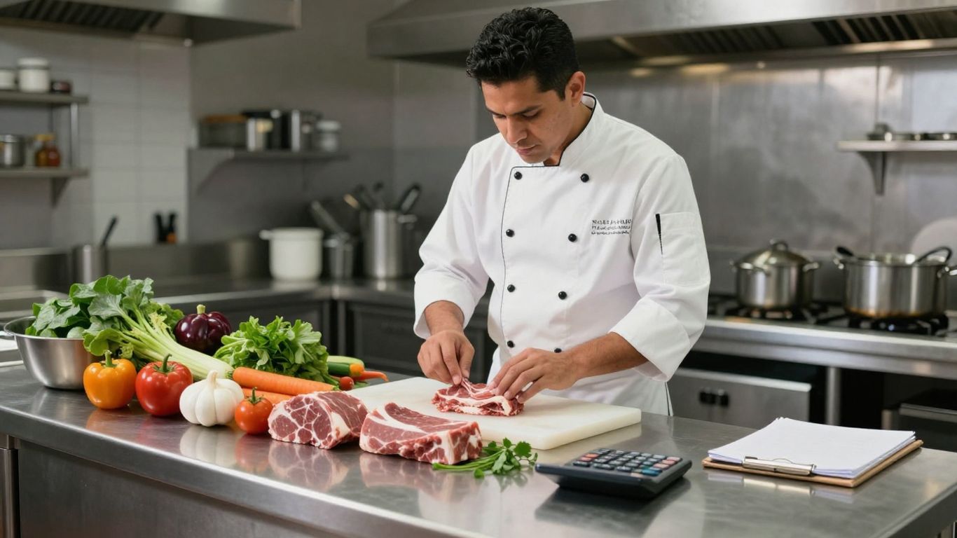 Chef managing food costs with fresh ingredients and calculator.