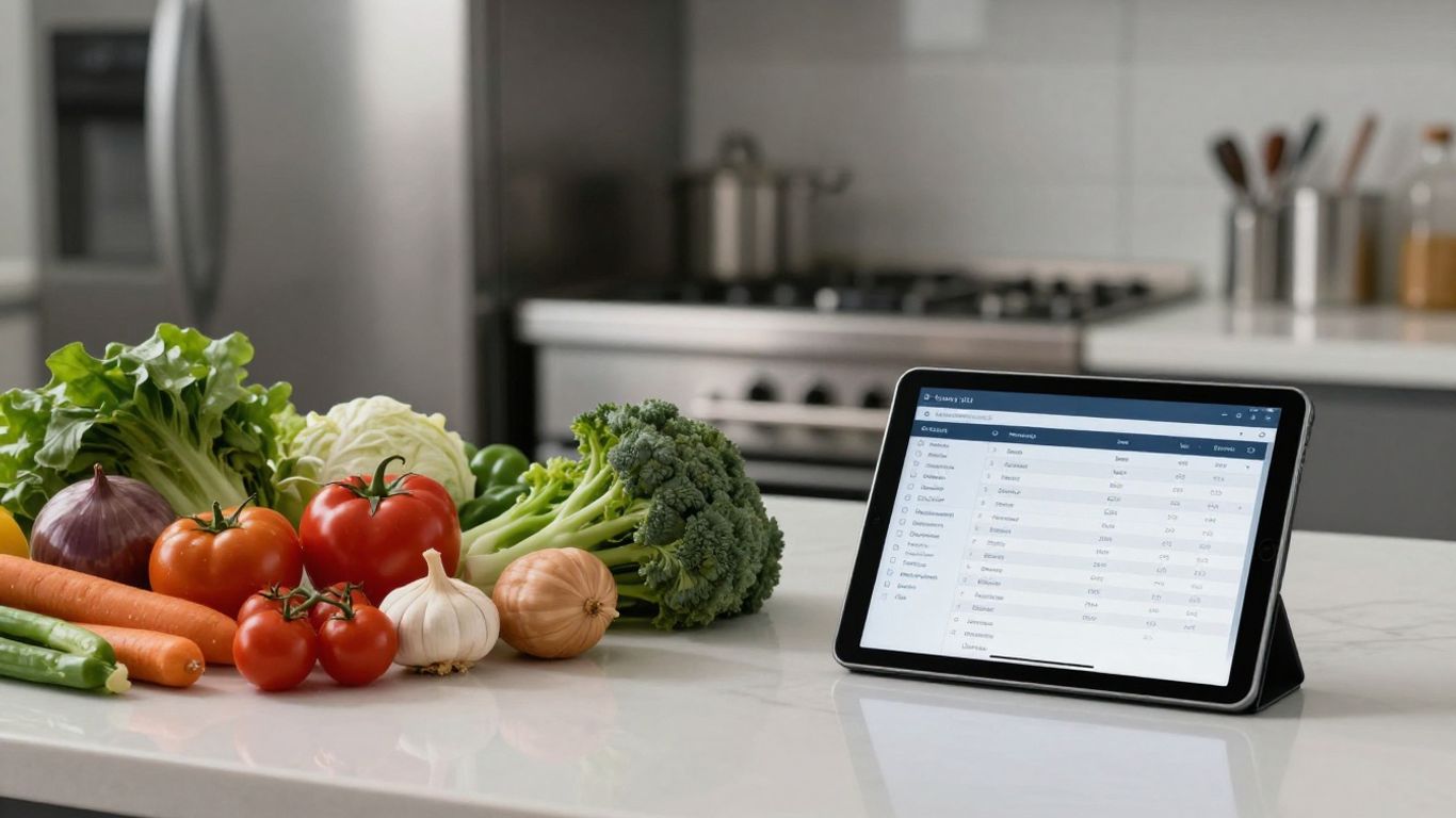 Modern kitchen counter with tablet showing inventory list.