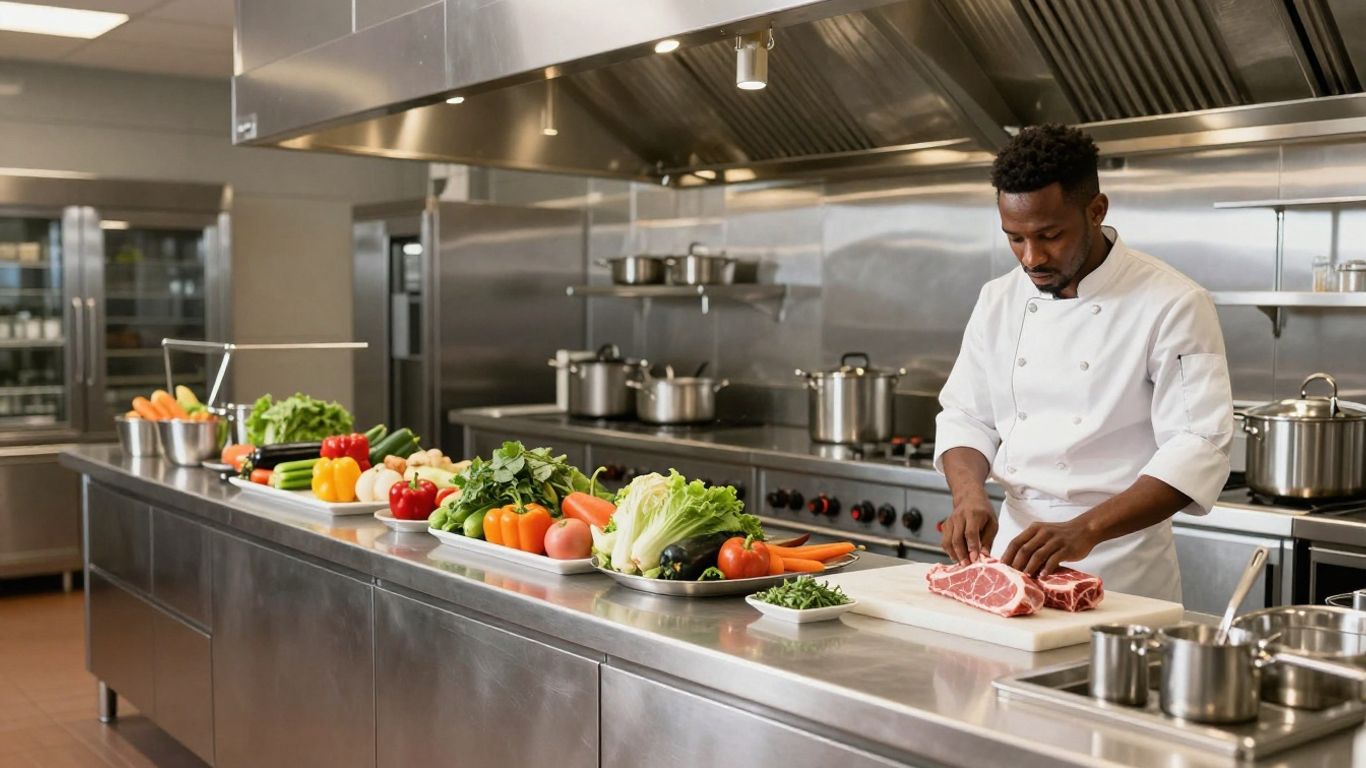 Modern restaurant kitchen with organized ingredients and chef.