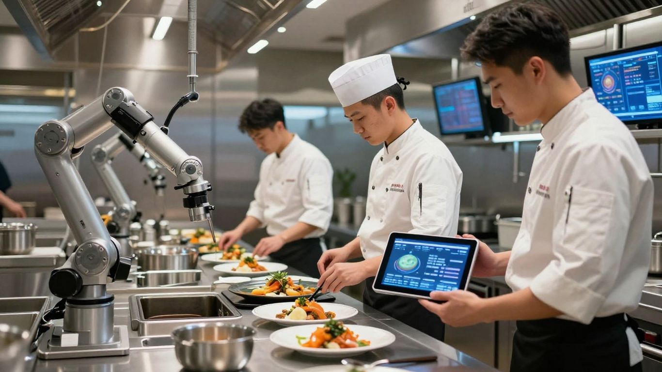 Restaurant kitchen with AI technology and robotic assistance.