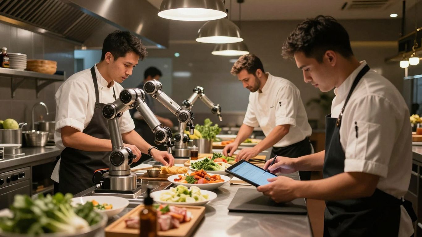 Restaurant staff and AI working together in a kitchen.