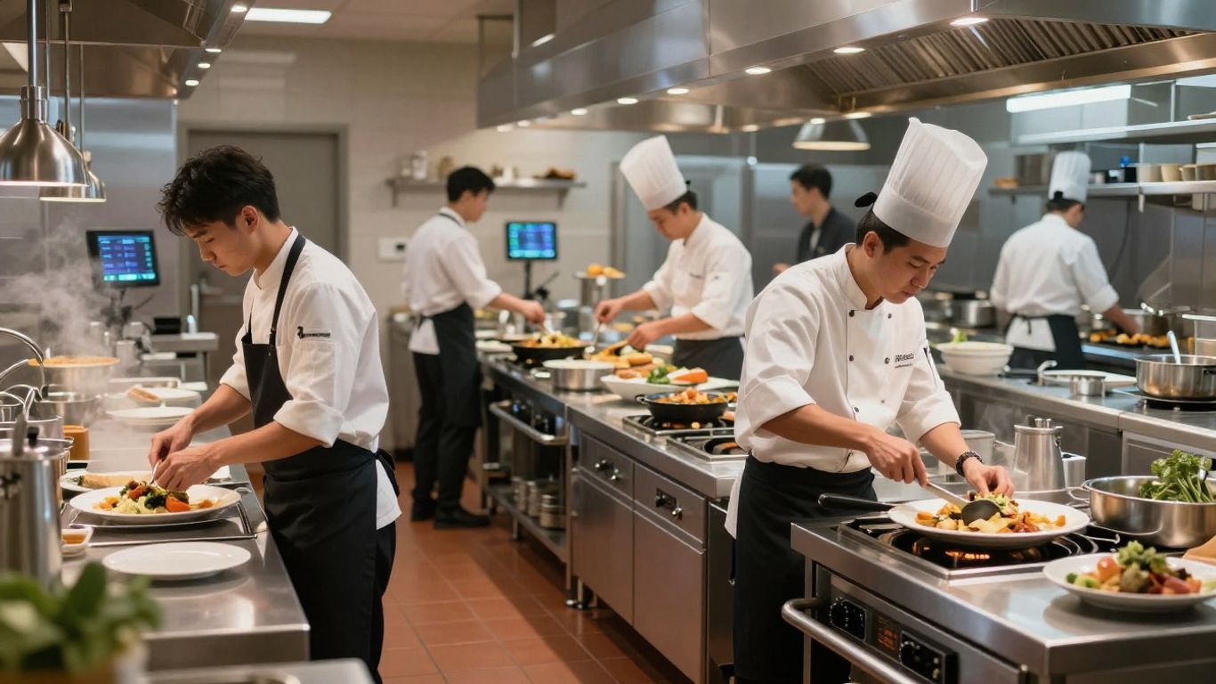 Restaurant staff working efficiently with AI integration.