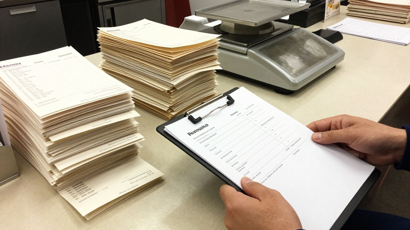 Restaurant receiving area with invoices and delivery slips.