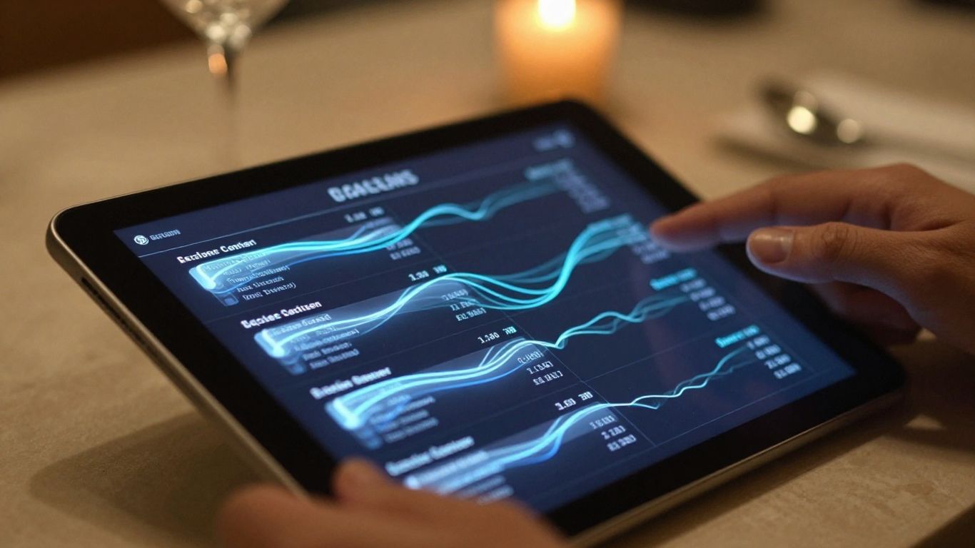 Restaurant menu with AI data streams over prices.