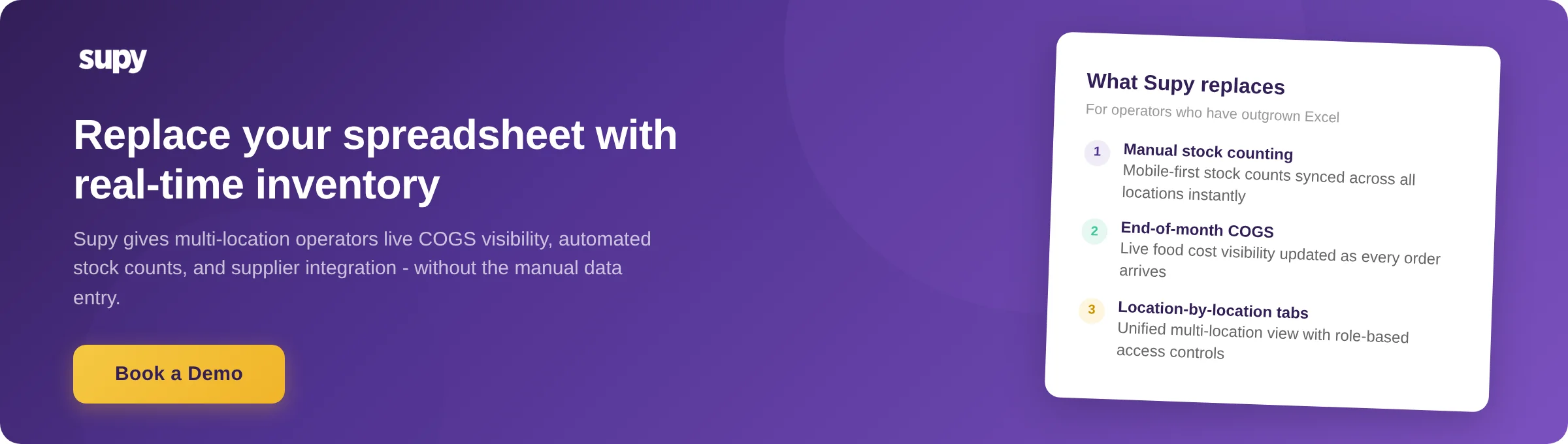 See how Supy replaces your restaurant inventory spreadsheet - book a demo