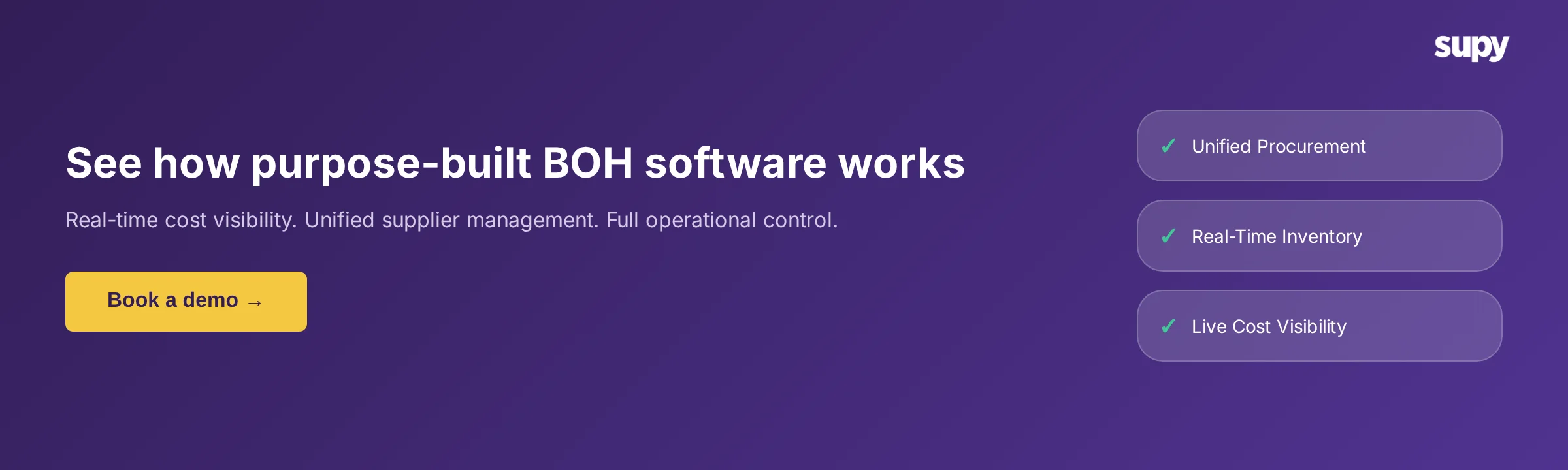 Supy capabilities: Procurement, Inventory, Business Intelligence, Compliance
