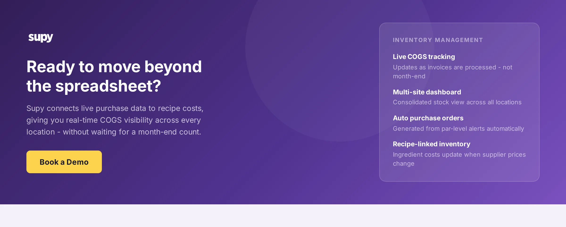 Book a demo with Supy - see how inventory management software replaces your spreadsheet