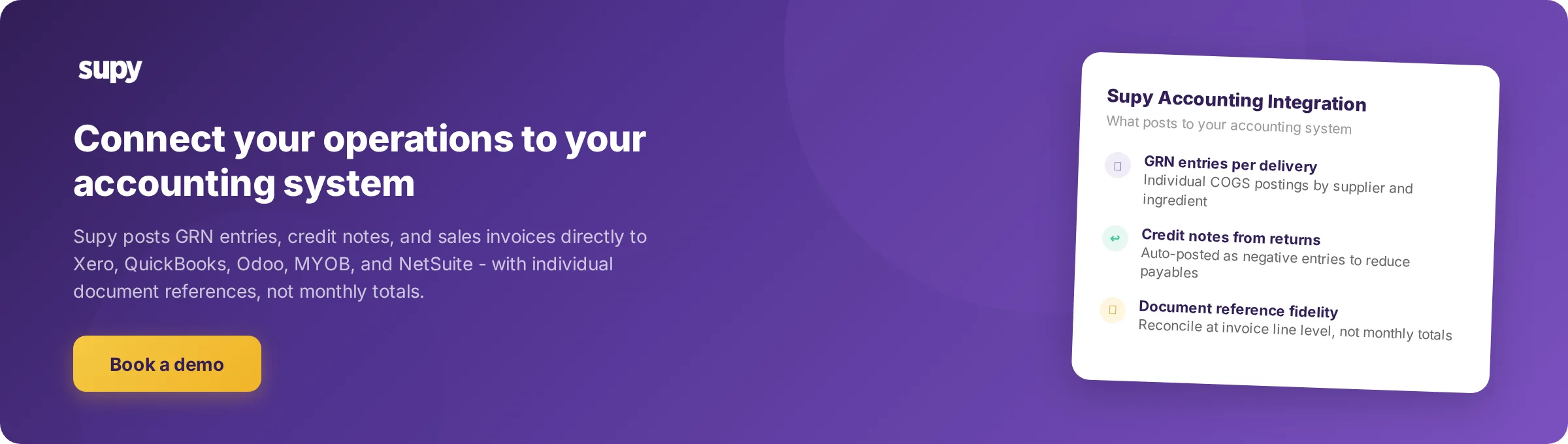 See how Supy connects procurement and inventory to your accounting system