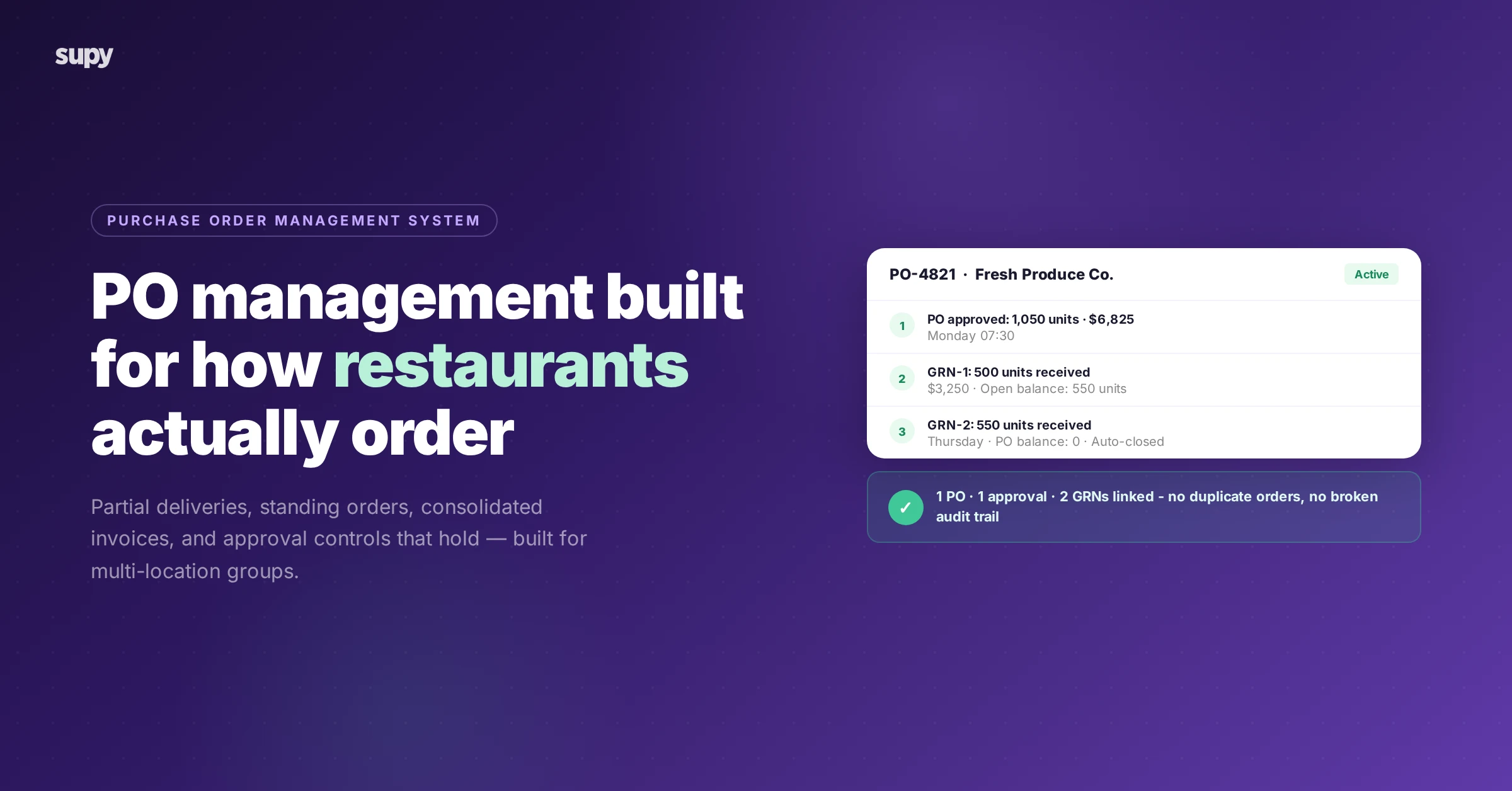Purchase order management system for restaurant groups — PO lifecycle, partial deliveries, and approval controls