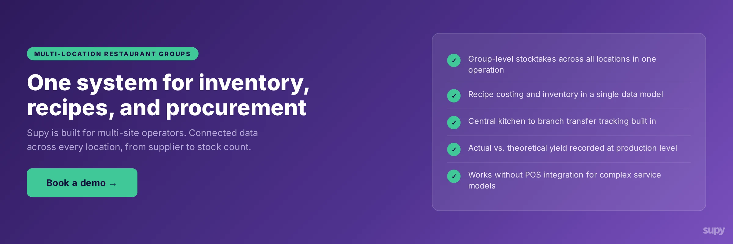 Supy CTA banner: One system for inventory, recipes, and procurement built for multi-location restaurant groups