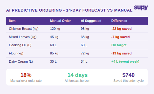 AI predictive ordering comparison table showing manual vs AI suggested order quantities and savings