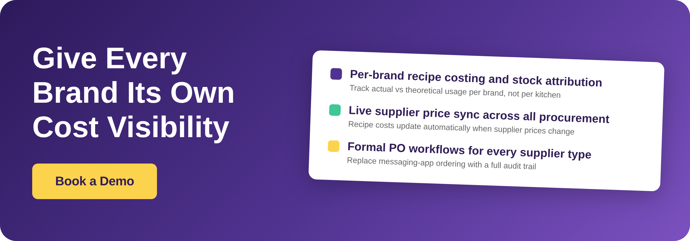 Book a demo with Supy - per-brand food cost control for multi-brand ghost kitchens. Features: per-brand food cost attribution, mixed supplier workflows, central kitchen module with consolidated purchasing.