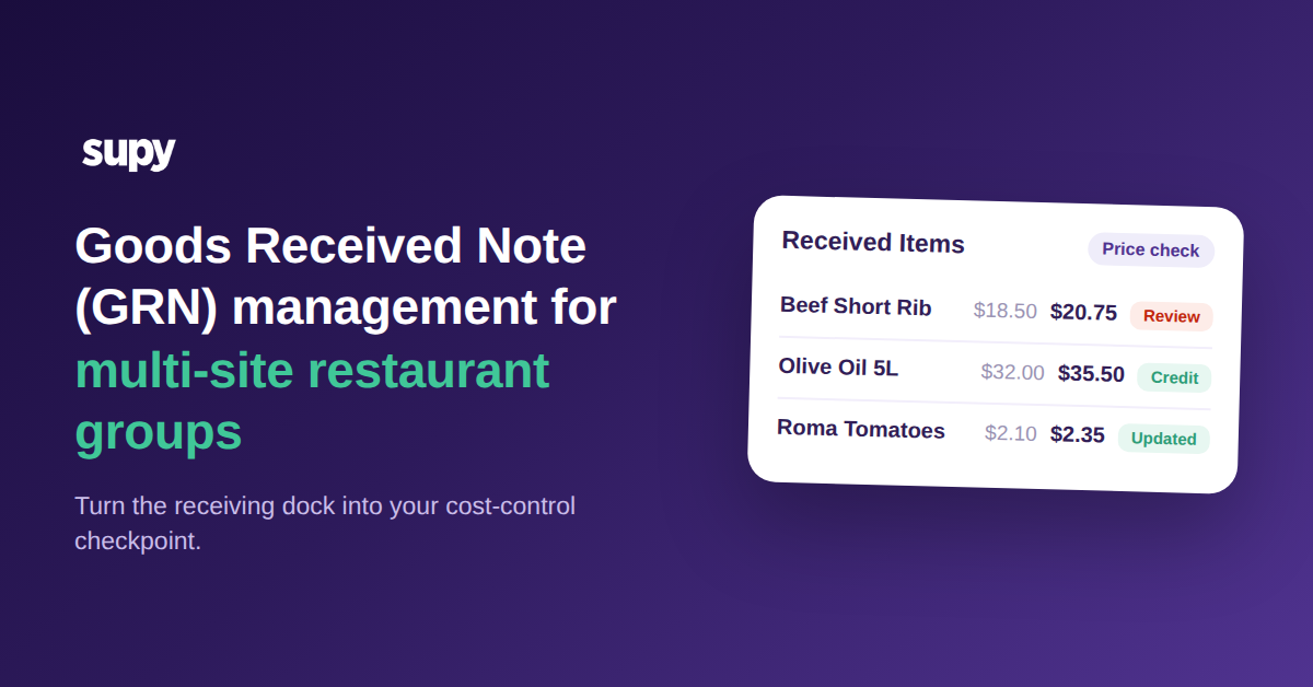 Goods received note (GRN) management for multi-site restaurant groups