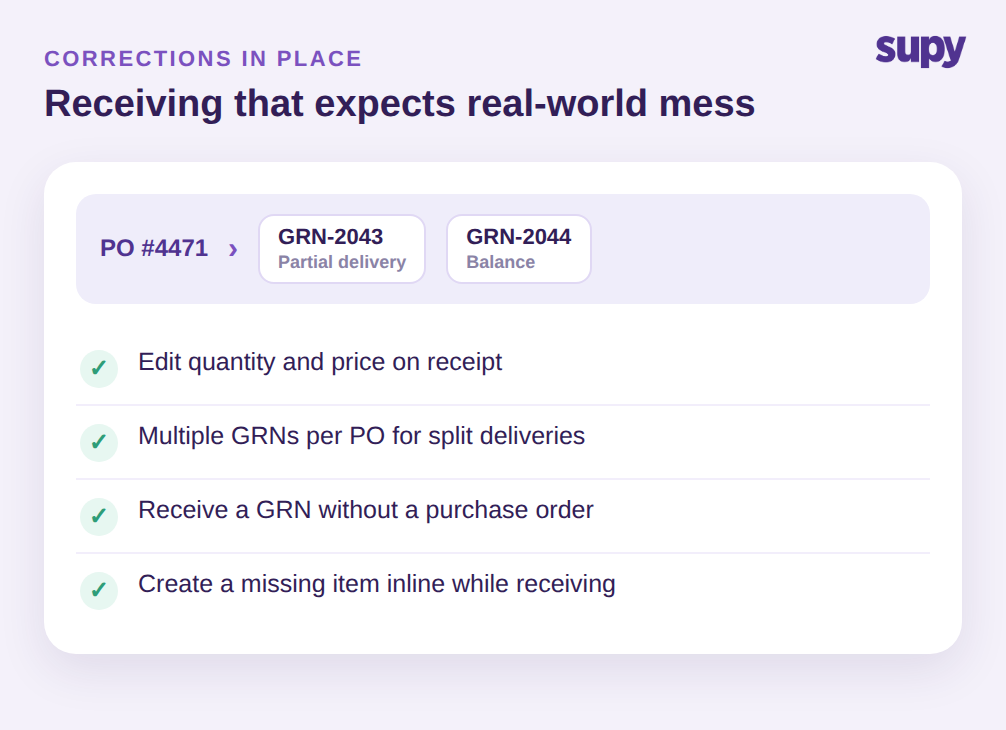 Supy receiving handling split deliveries, a GRN without a PO, and inline item creation