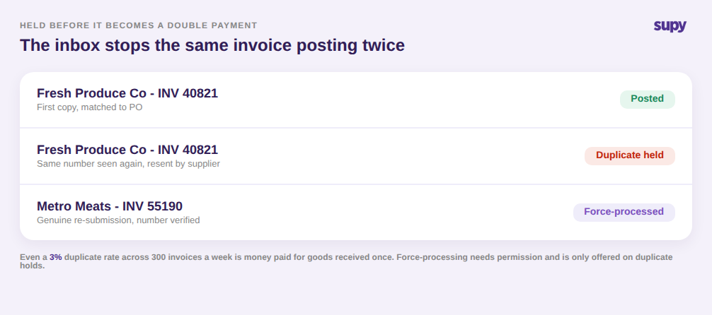 Invoice list showing a first copy posted, a duplicate held for review, and a verified re-submission force-processed