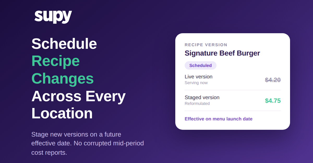 Schedule recipe changes across restaurant locations with a future effective date