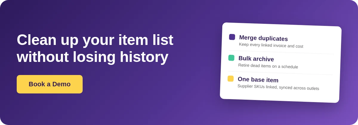 Book a Demo with Supy - clean up duplicate inventory items without losing purchase history